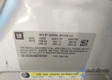 2012 Chevrolet Malibu 1Lt z USA, uszkodzony, nr VIN 1G1ZC5EU4CF397391